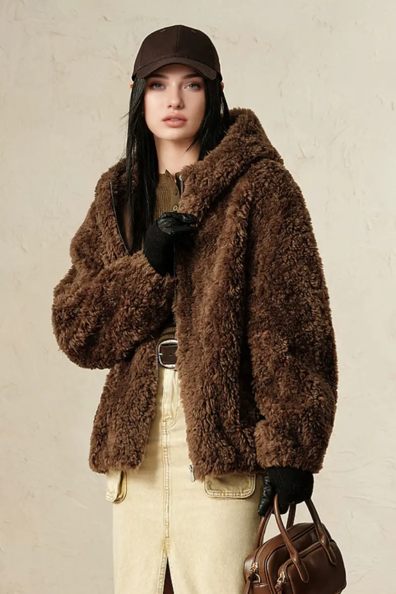 Hooded Genuine Shearling & Faux Suede Teddy Coat - MIAOOOO