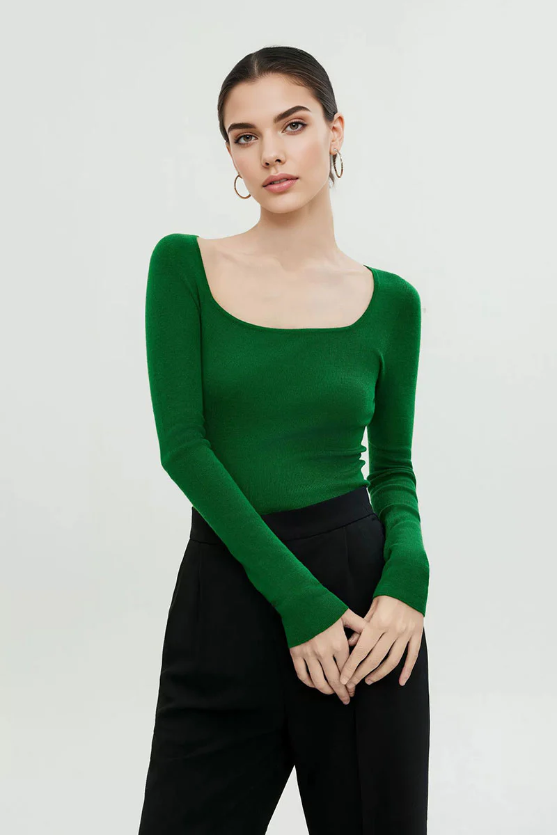 100 Merino Wool Slim-Fit Square-Neck Long-Sleeve Knit T Shirt - MIAOOOO