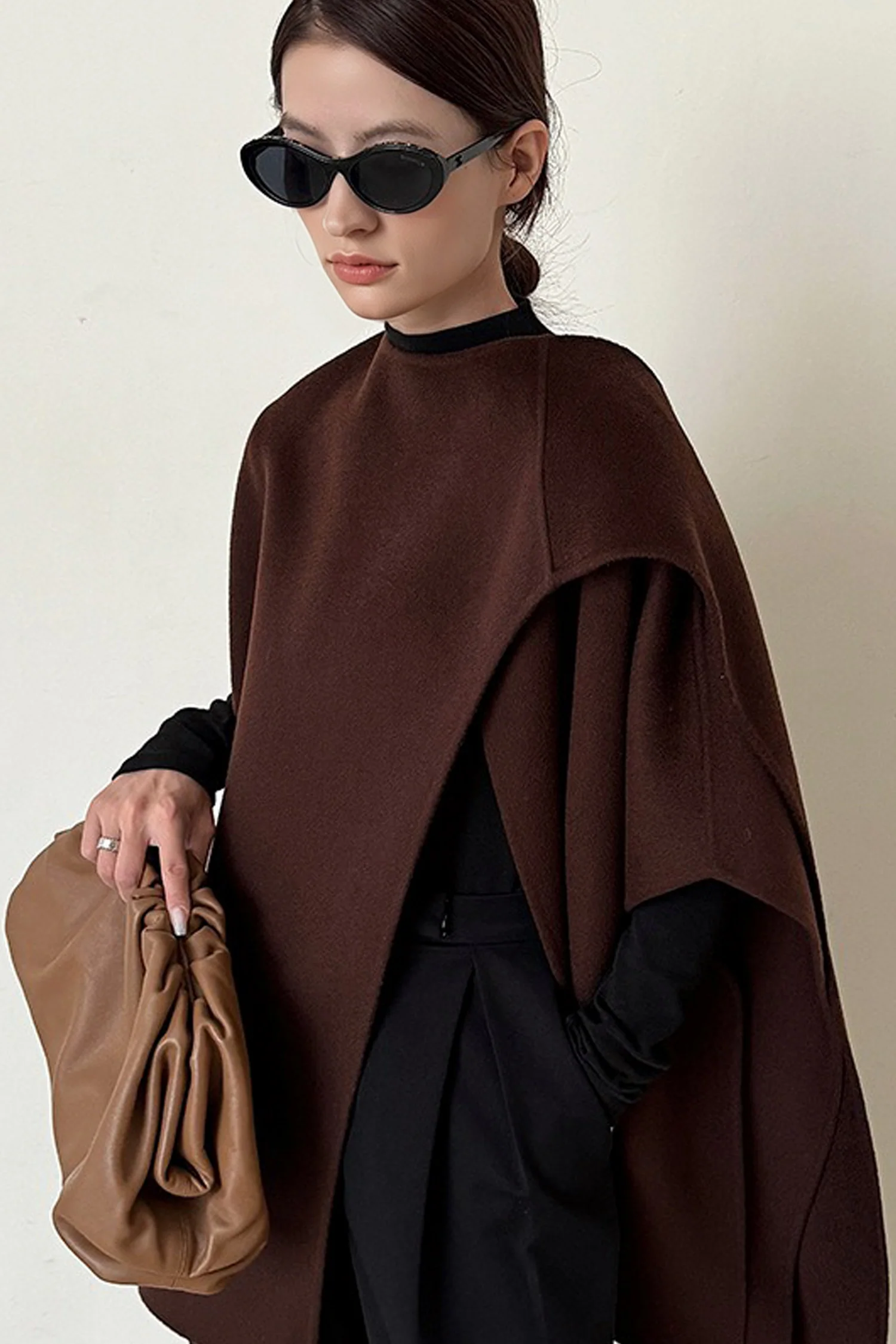 Asymmetrical Wool Double-Faced Poncho Cape - MIAOOOO