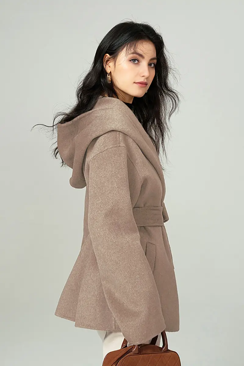 Hooded Wool Blend Wrap Coat - MIAOOOO