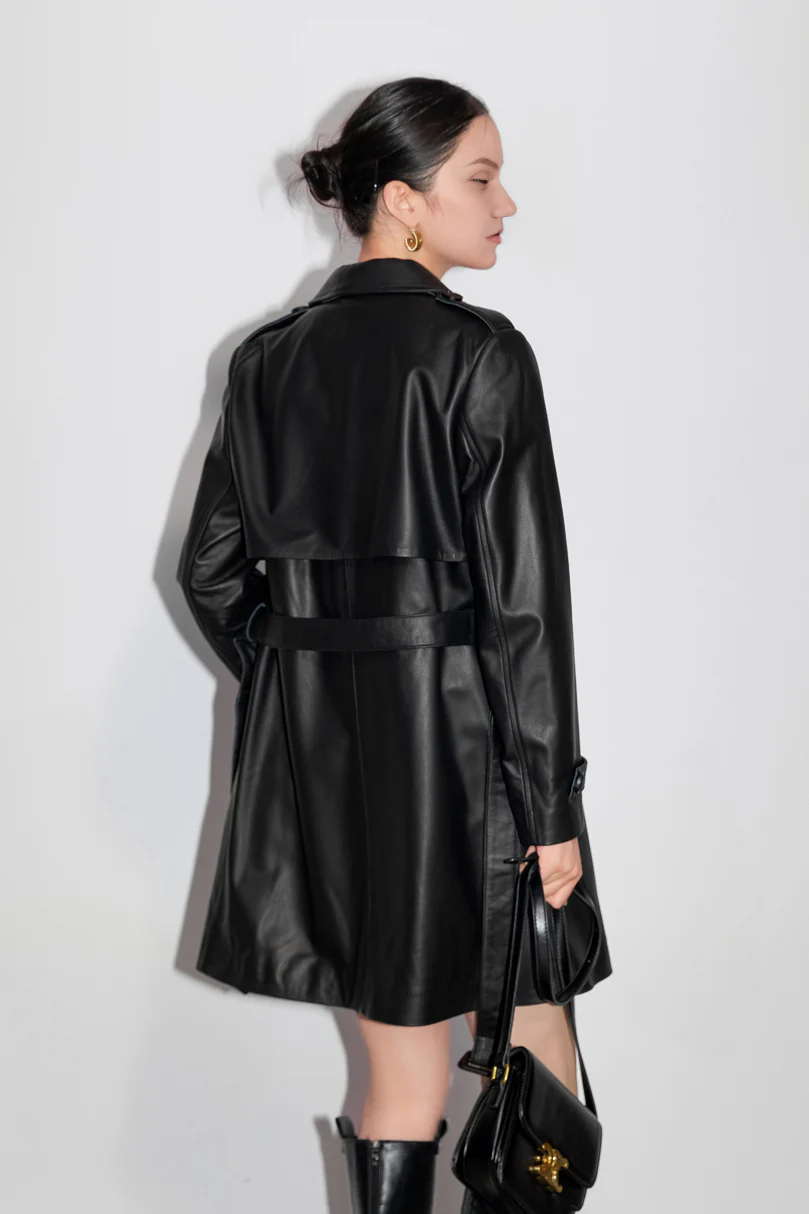 Long Sleeve Black Belted Leather Trench Coat - MIAOOOO