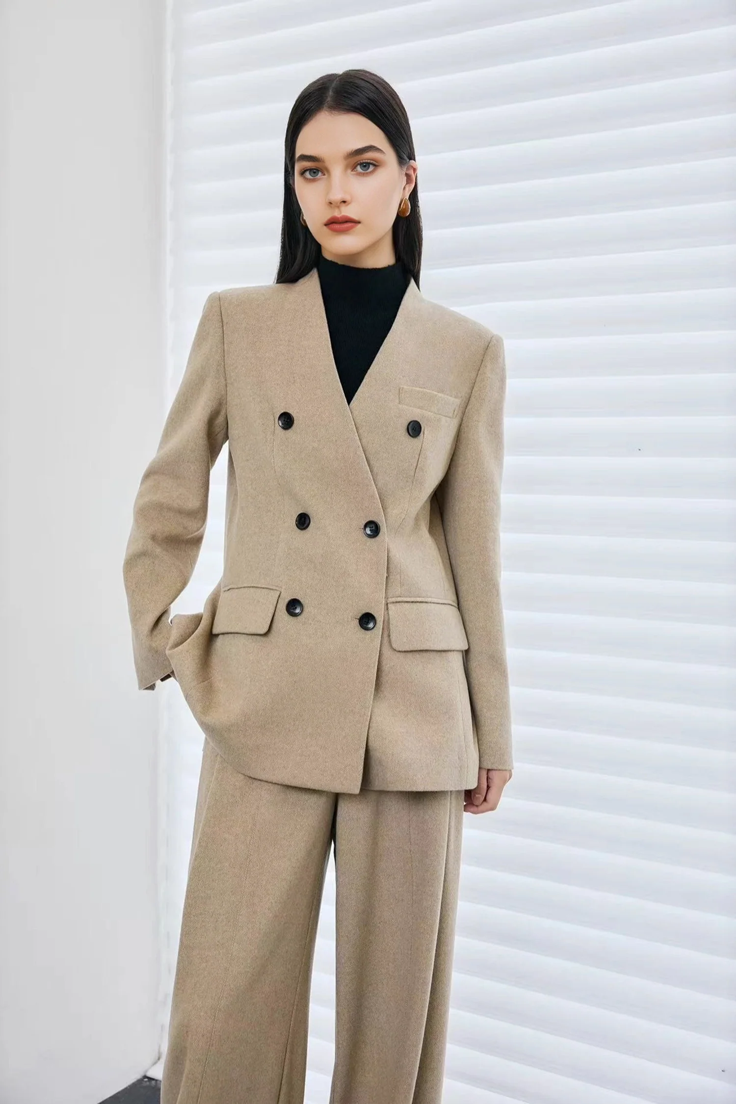 Herringbone Cashmere-Wool Double-Breasted V-Neck Blazer - MIAOOOO