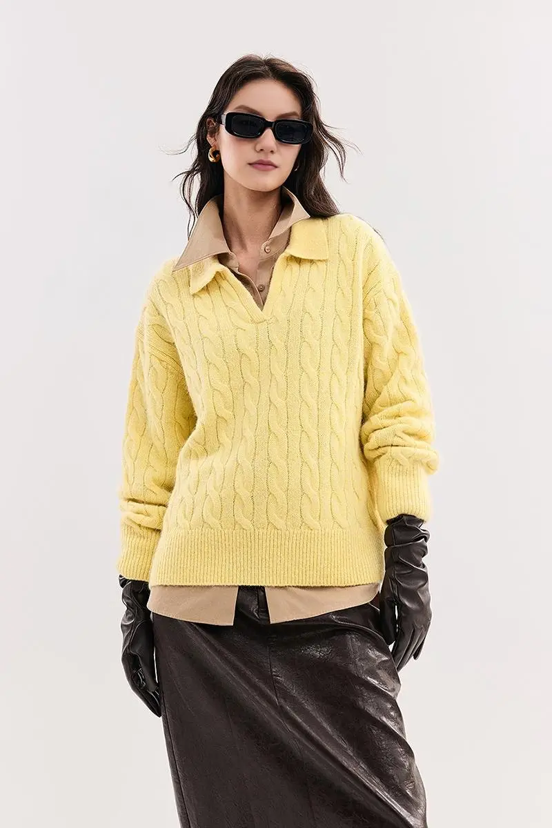 Cable-Knit Wool Blend Polo Collar Sweater - MIAOOOO