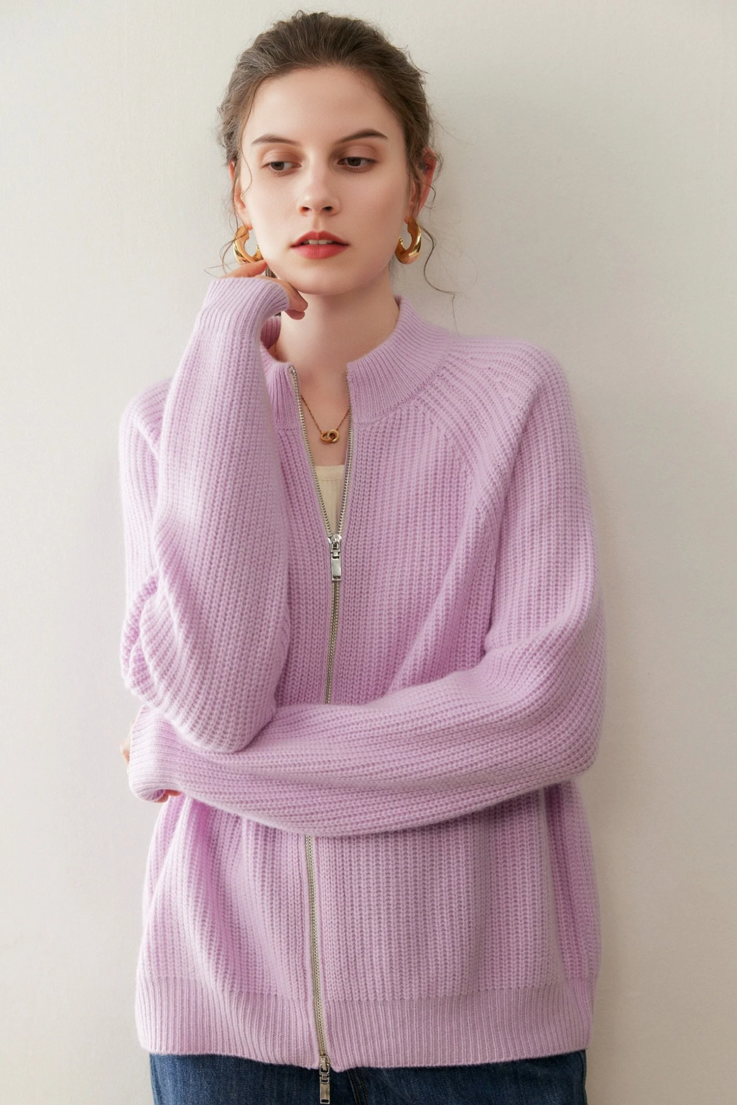 Classic Cashmere-Merino Double-Zip Stand Collar Cardigan - MIAOOOO