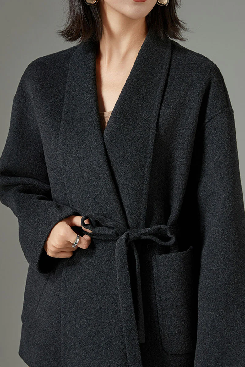Short Cashmere-Wool Double-Faced Belted Wrap Jacket - MIAOOOO