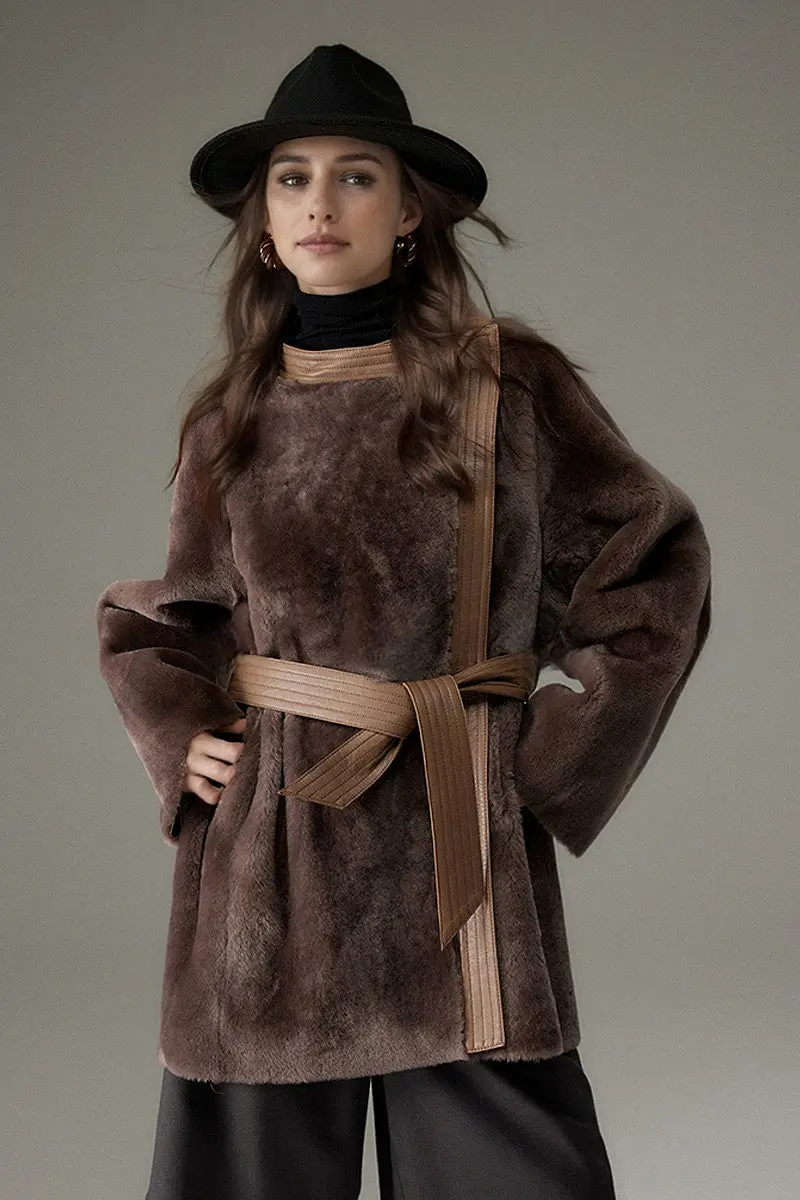 Oversized Spain Merino Sheepskin Shearling Wrap Coat with Belt - MIAOOOO
