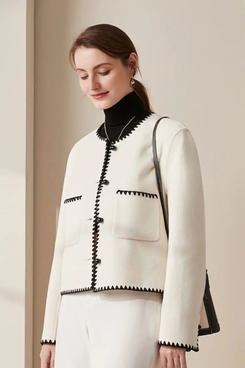 French Style Wool Collarless Cropped Jacket with Embroided Trim - MIAOOOO