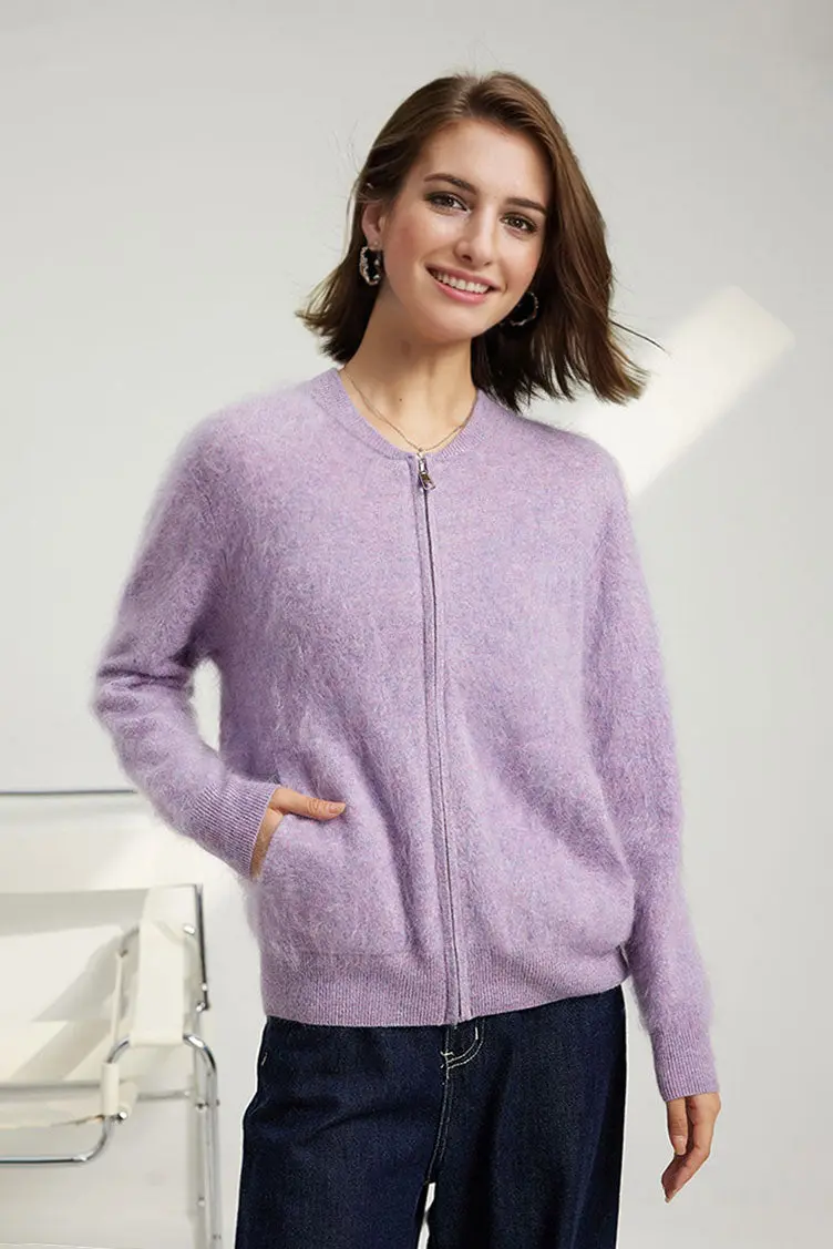 Chunky Brushed Cashmere Full-Zip Bomber Cardigan - MIAOOOO