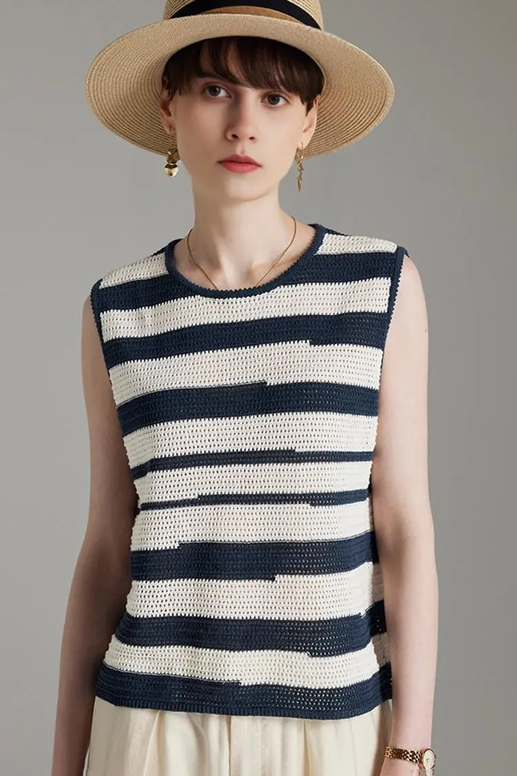 Asymmetric Striped Crochet Linen Vest - MIAOOOO