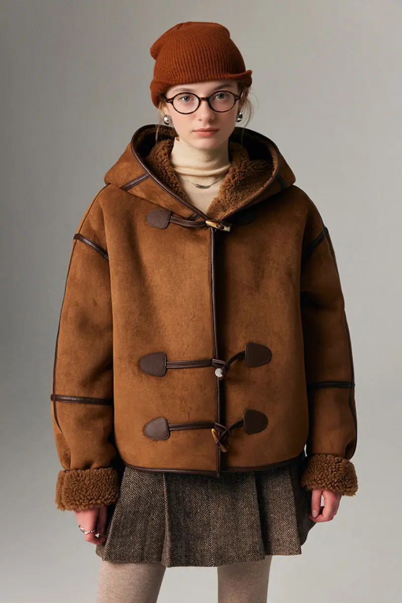 Black Suede Shearling Coat with Hood - MIAOOOO