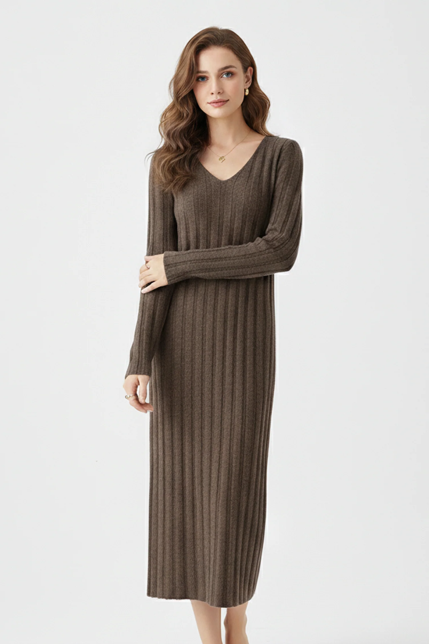 100% Merino Wool Long Sleeve Wide-Rib Midi Sweater Dress - MIAOOOO
