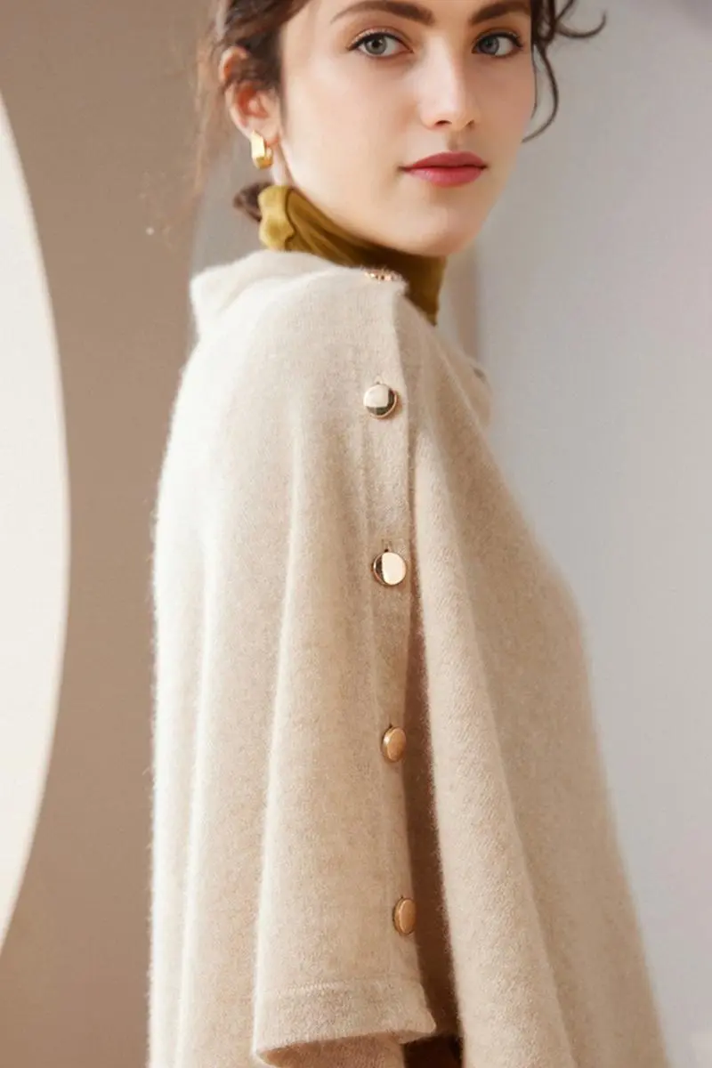 100 Cashmere Button-Up Poncho Sweater - MIAOOOO