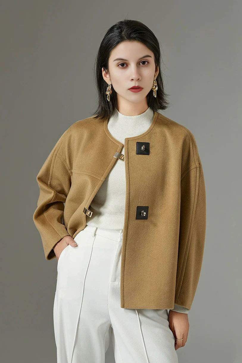Minimalist Collarless Cashmere-Wool Jacket with Metal Buttons - MIAOOOO
