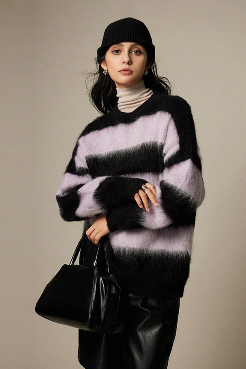 Oversized Striped Alpaca Blend Crewneck Sweater - MIAOOOO