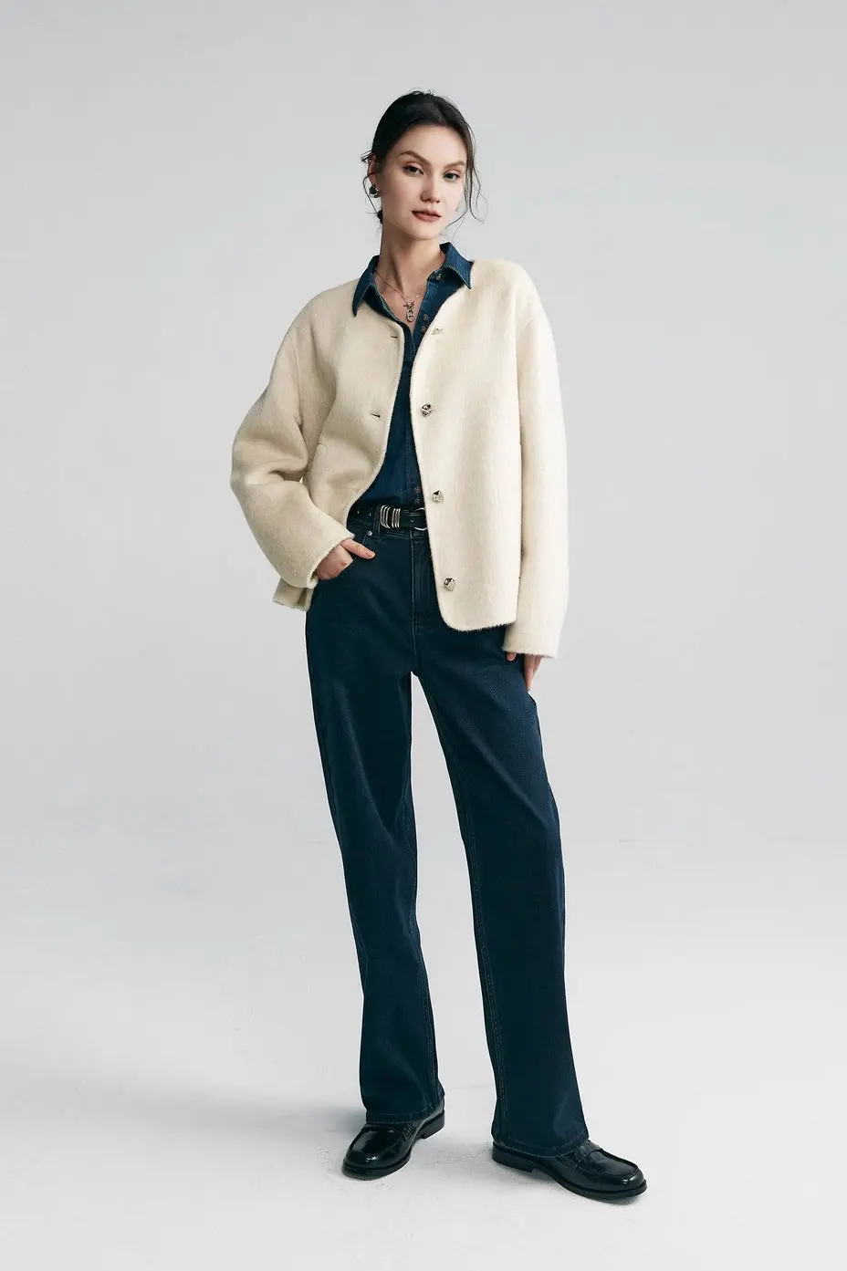 Silk Wool Blend Crewneck Cropped Jacket - MIAOOOO