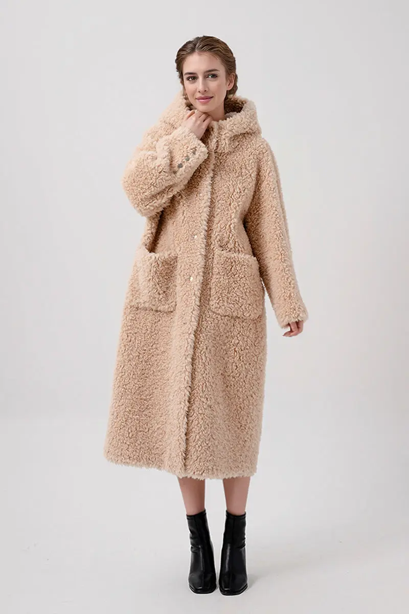 Long Faux Shearling Hooded Teddy Wool Coat - MIAOOOO