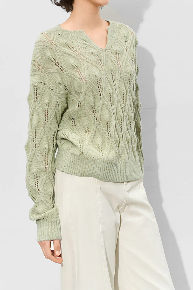 Sequined Open Cable Knit V-Neck Sweater - MIAOOOO