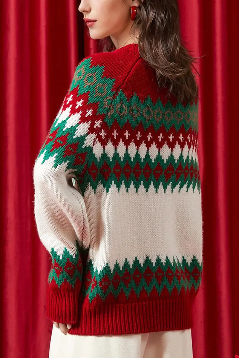 100 Wool Chunky Fair Isle Crewneck Holiday Sweater - MIAOOOO