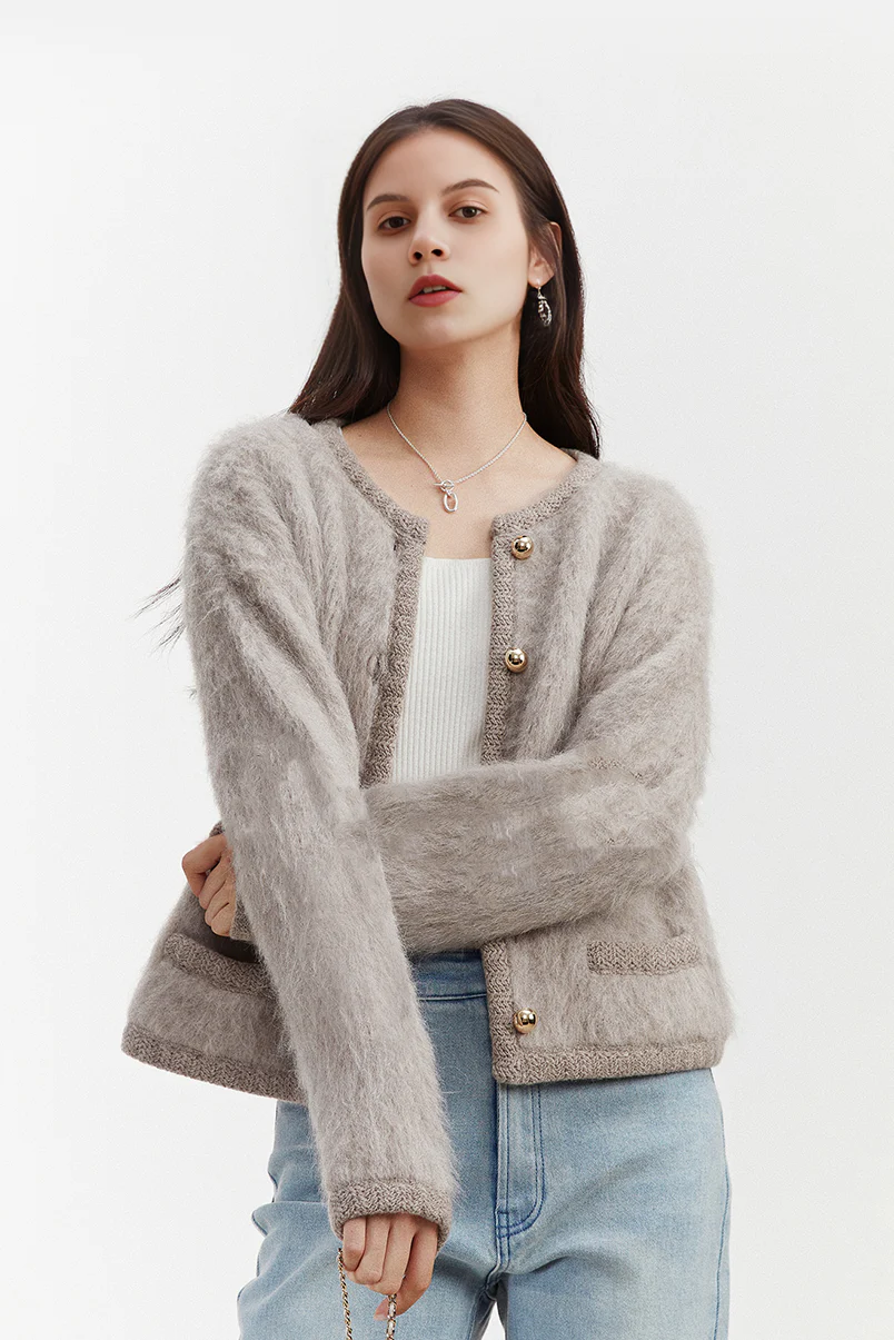 Golden Button Fluffy Alpaca Wool Knit Bouncle Jacket - MIAOOOO
