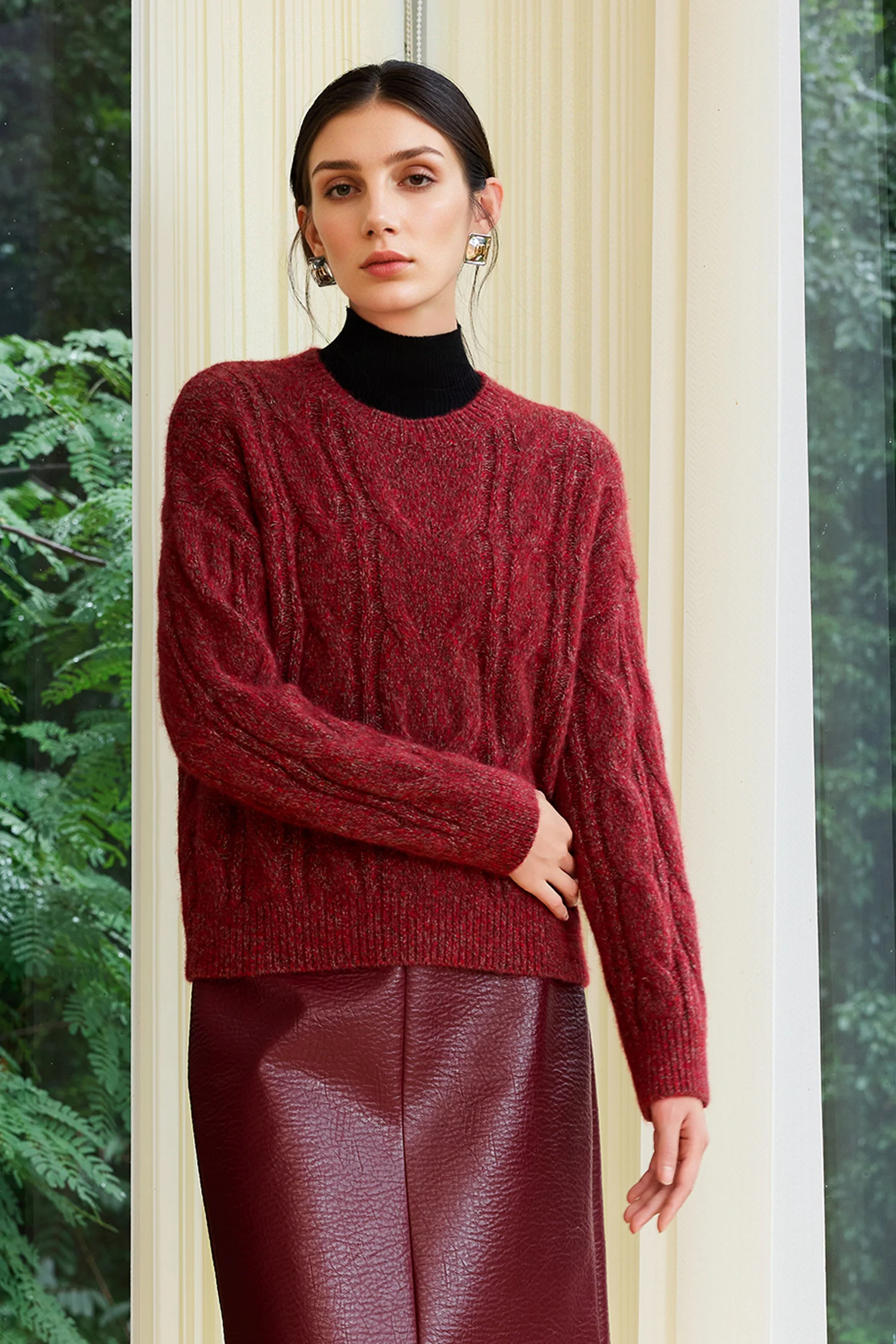 Classic Cashmere-Silk Cable Knit Marled Crewneck Sweater - MIAOOOO