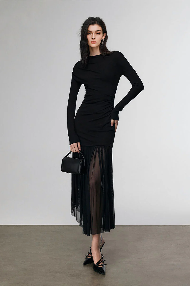 Asymmetric Draped Mesh Maxi Dress with Sleeves - MIAOOOO