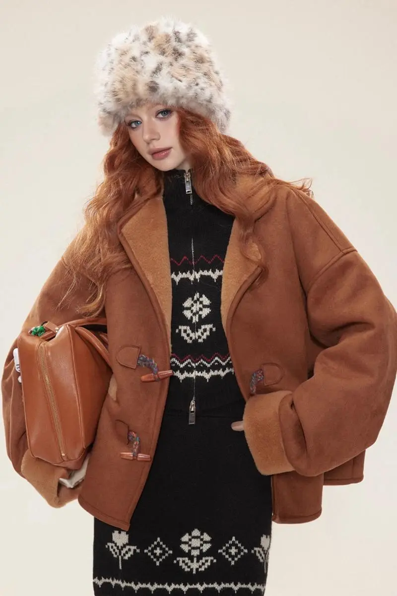 Vintage Brown Toggle Faux Shearling Aviator Jacket - MIAOOOO
