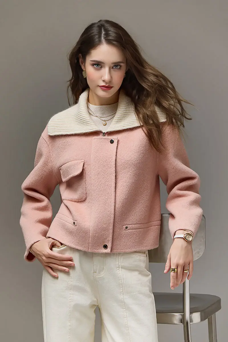Cropped Silk-Camel Hair-Wool Blend Zip-Up Jacket with Wide Ribbed Collar - MIAOOOO