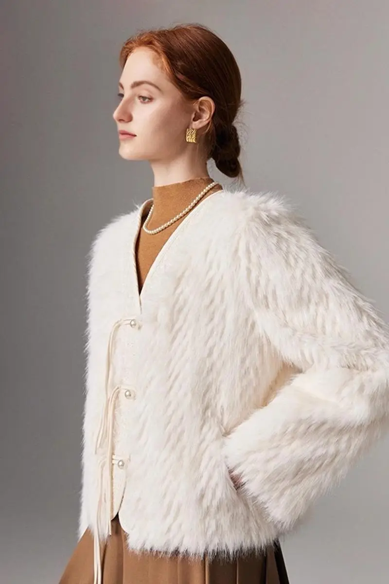 V-neck Faux Fox Fur Collarless Jacket with Pearl Button - MIAOOOO