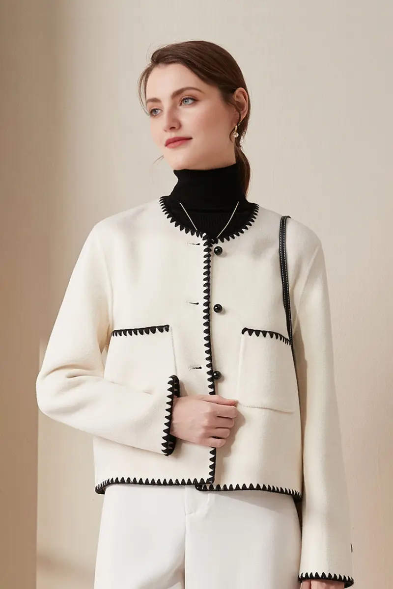 French Style Wool Collarless Cropped Jacket with Embroided Trim - MIAOOOO