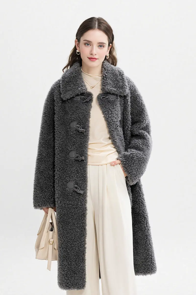 Long Faux Shearling Teddy Wool Toggle Coat - MIAOOOO