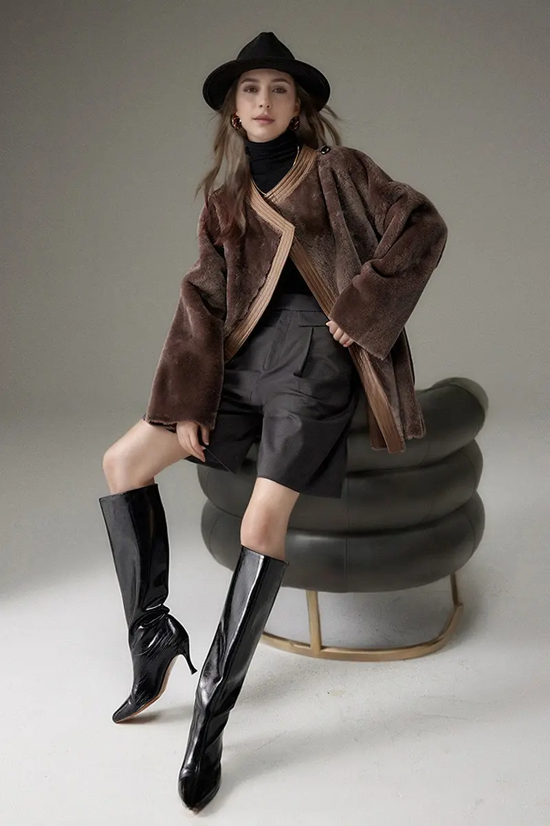 Oversized Spain Merino Sheepskin Shearling Wrap Coat with Belt - MIAOOOO