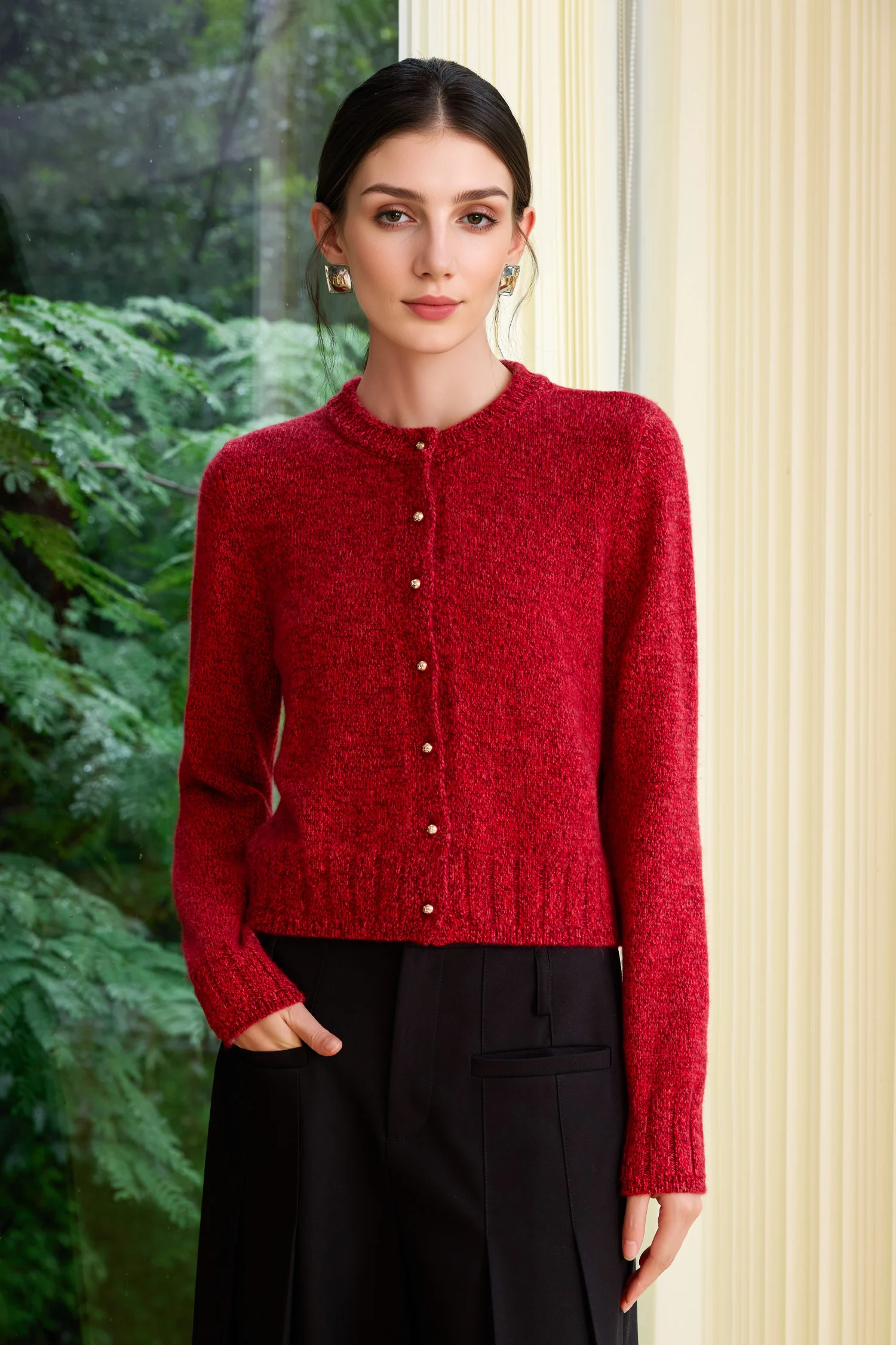 100% Cashmere Marled Button-Up Crewneck Cardigan - MIAOOOO