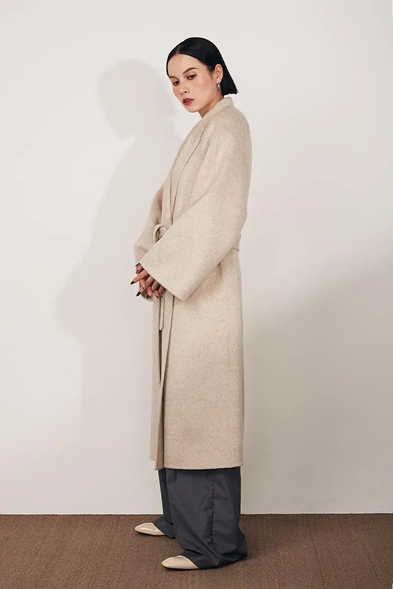 Long Wool Silk Blend Wrap Coat with Notched Lapel - MIAOOOO