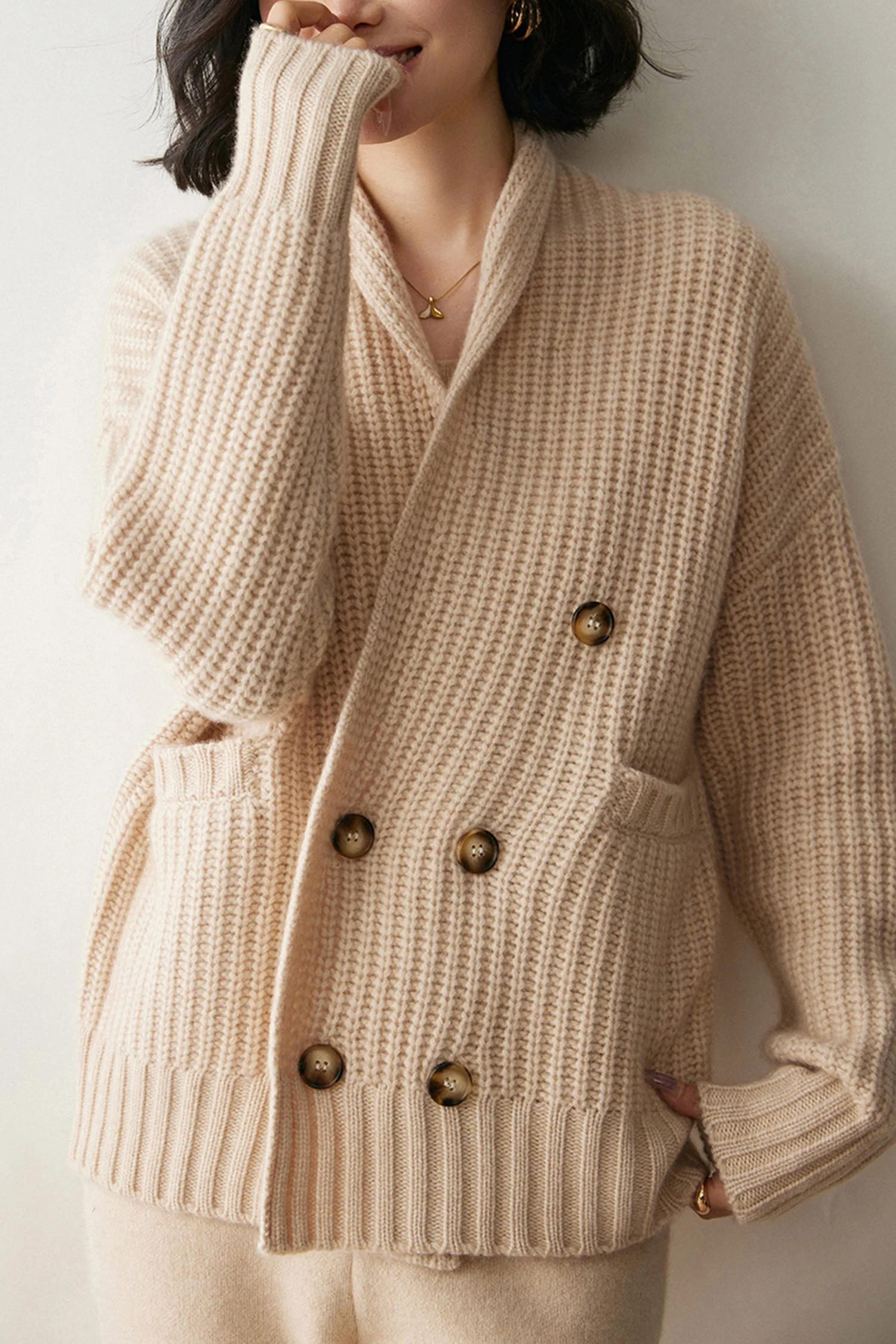 Chunky Cashmere-Merino Double-Breasted Shawl Collar Cardigan - MIAOOOO