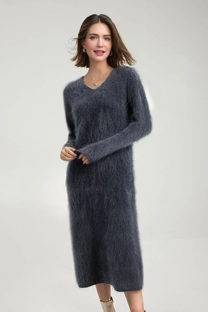 Classic Brushed Cashmere V-Neck Long Sleeve Sweater Dress - MIAOOOO