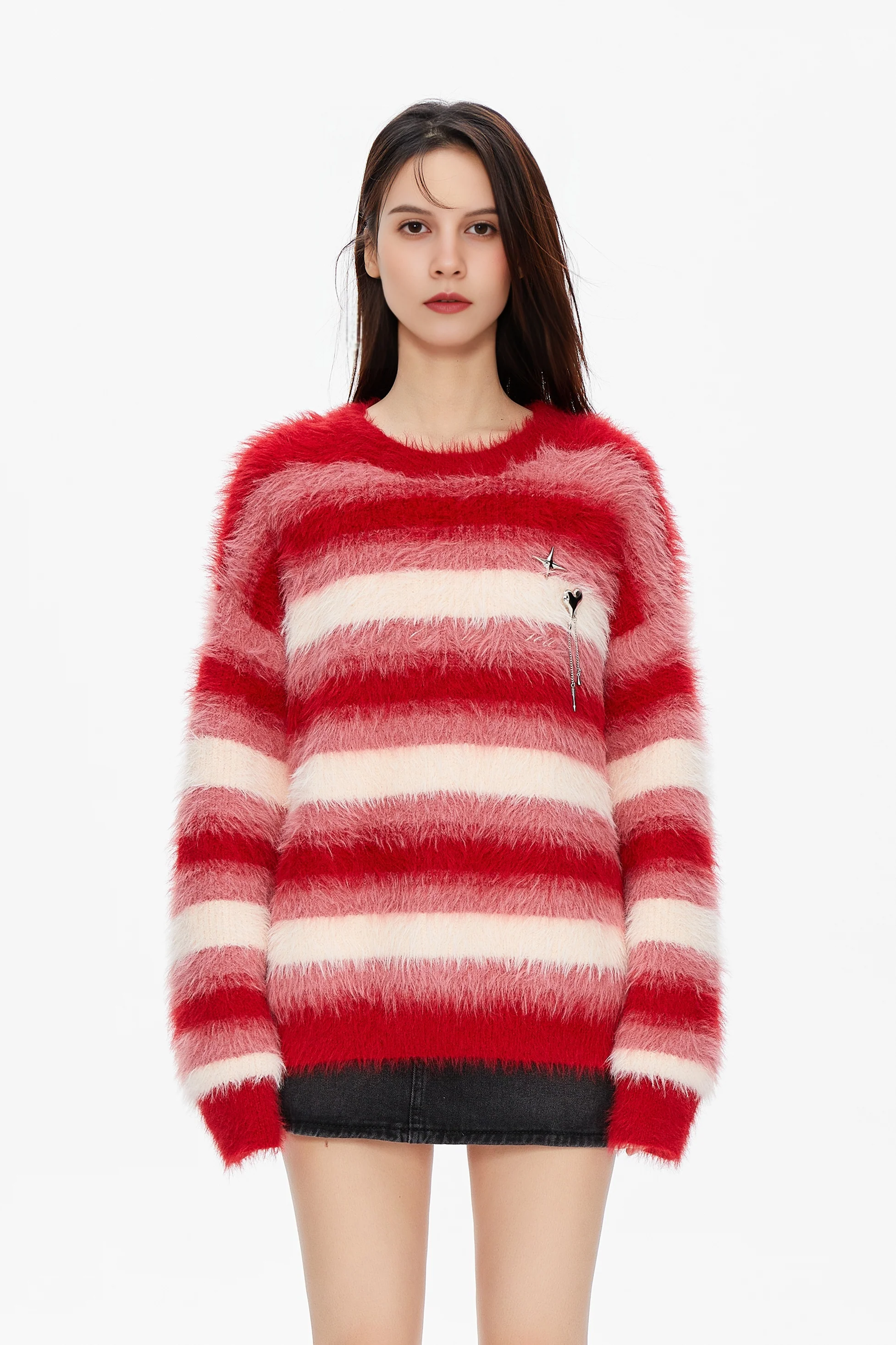 Oversized Fluffy Mimic Mink Striped Christmas Sweater - MIAOOOO