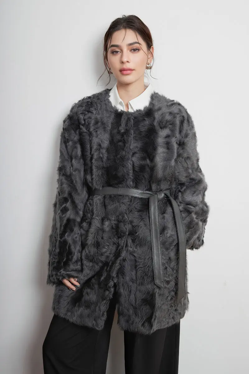 Shearling-inspired Collarless Mid-Length Wool Coat with Leather Belt - MIAOOOO