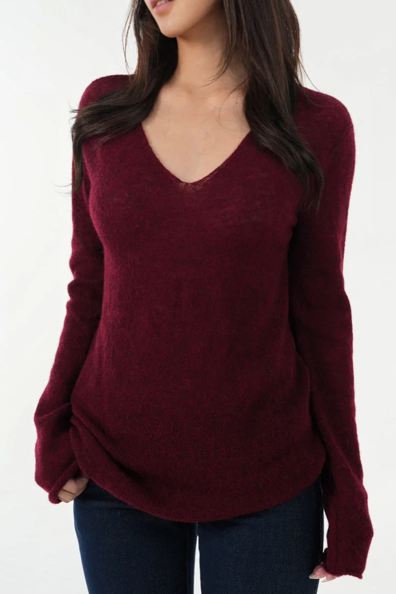 Oversized Wool-Mohair Blend V-Neck Pullover Sweater in Burgundy - MIAOOOO