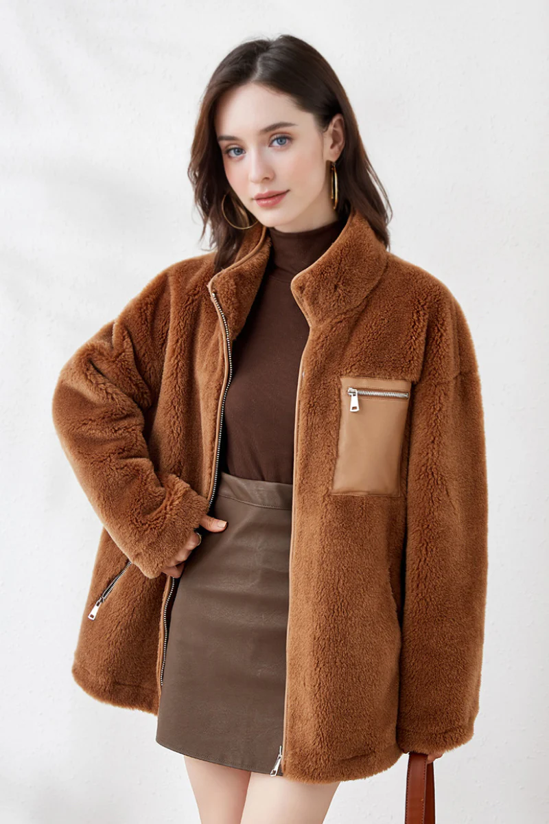 Teddy Wool Faux Shearling Funnel-Neck Jacket - MIAOOOO