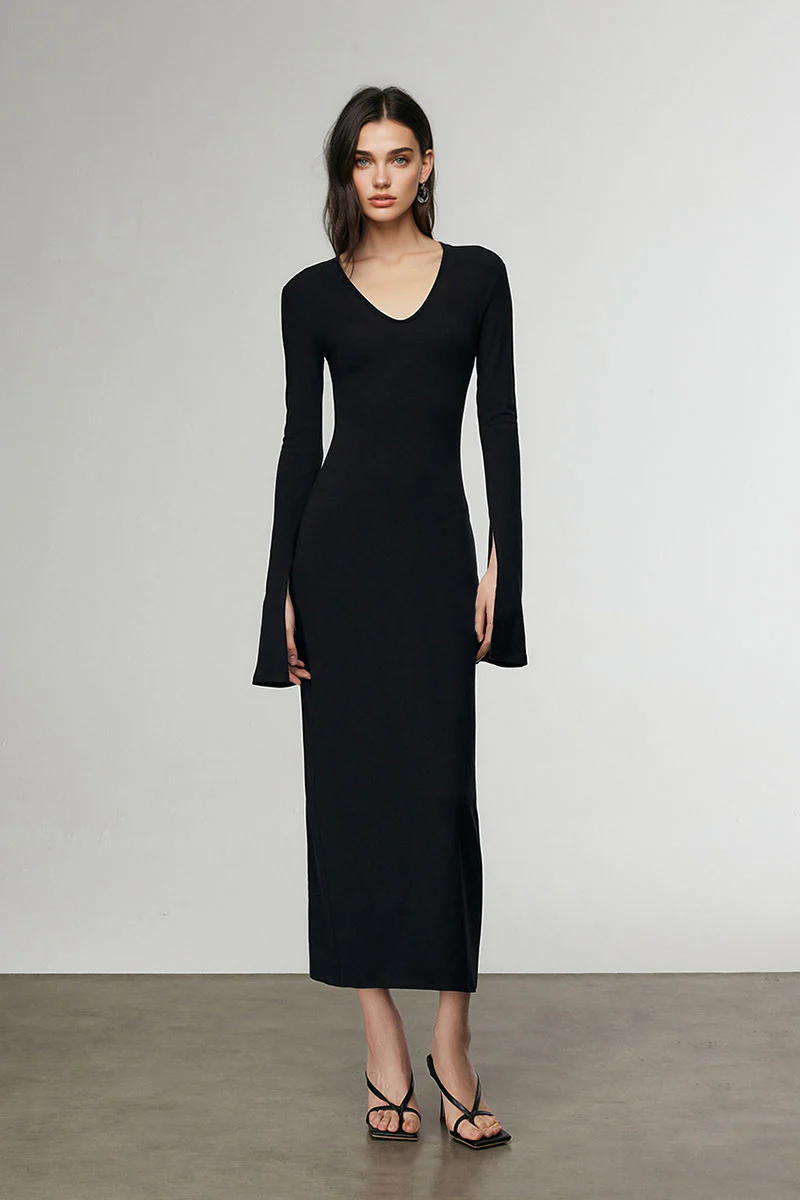 Black Long Sleeve Bodycon Maxi Dress with Back Cutout - MIAOOOO