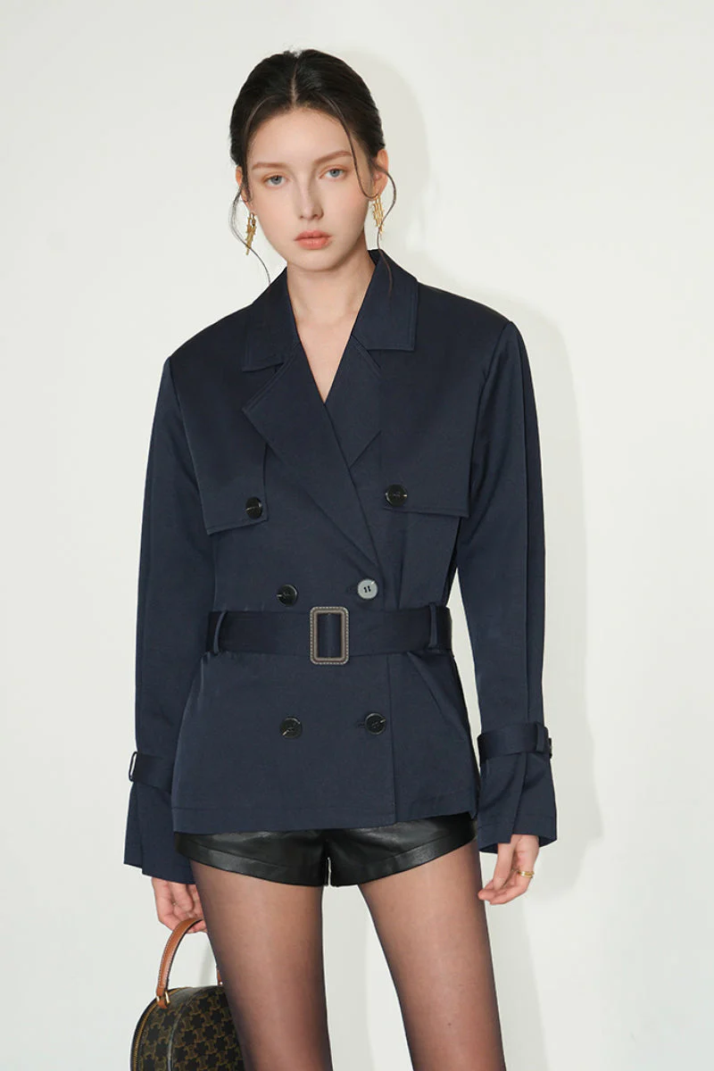 Classic Short Double-Breasted Twill Belted Trench Coat in Navy - MIAOOOO