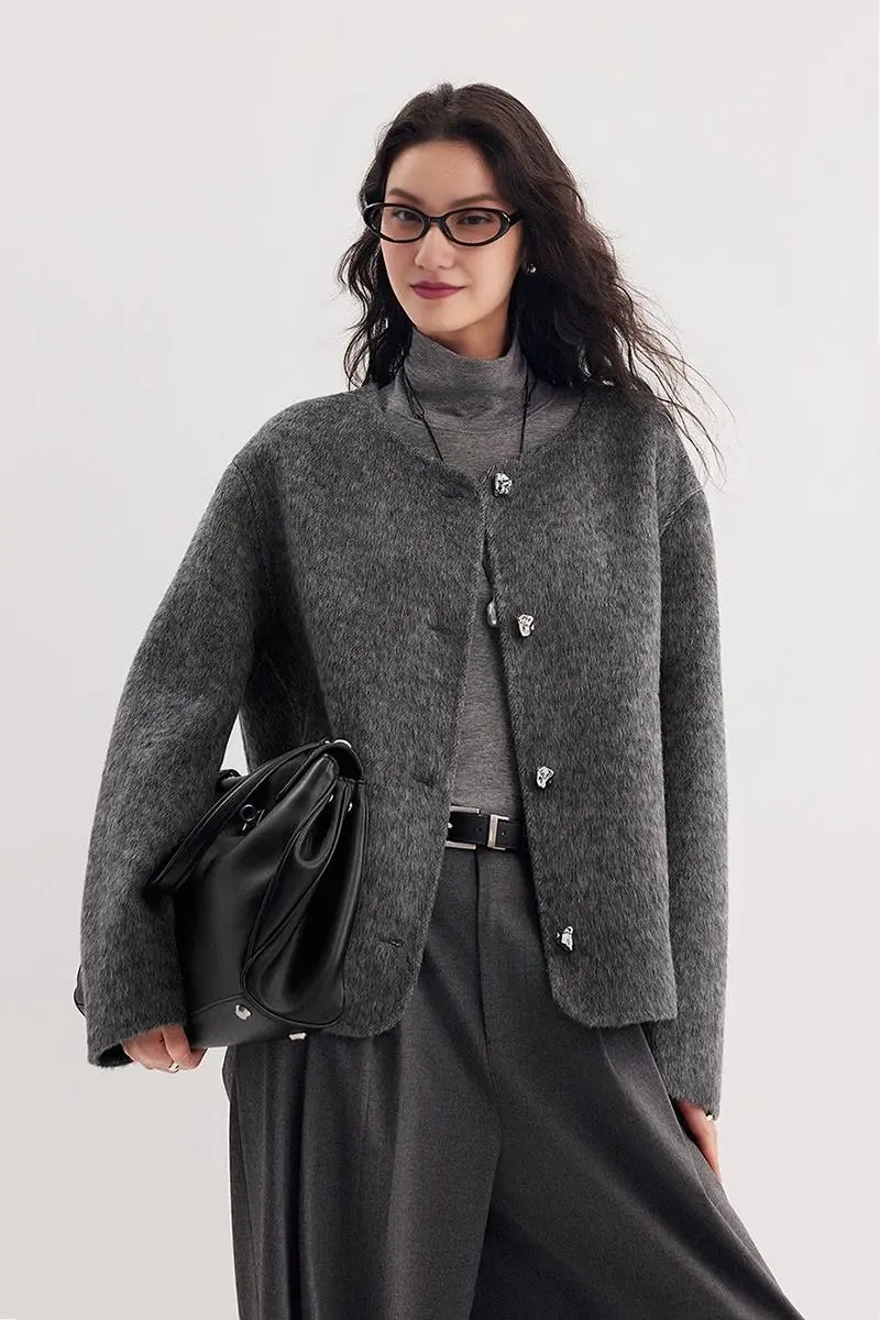 Silk Wool Blend Crewneck Cropped Jacket - MIAOOOO