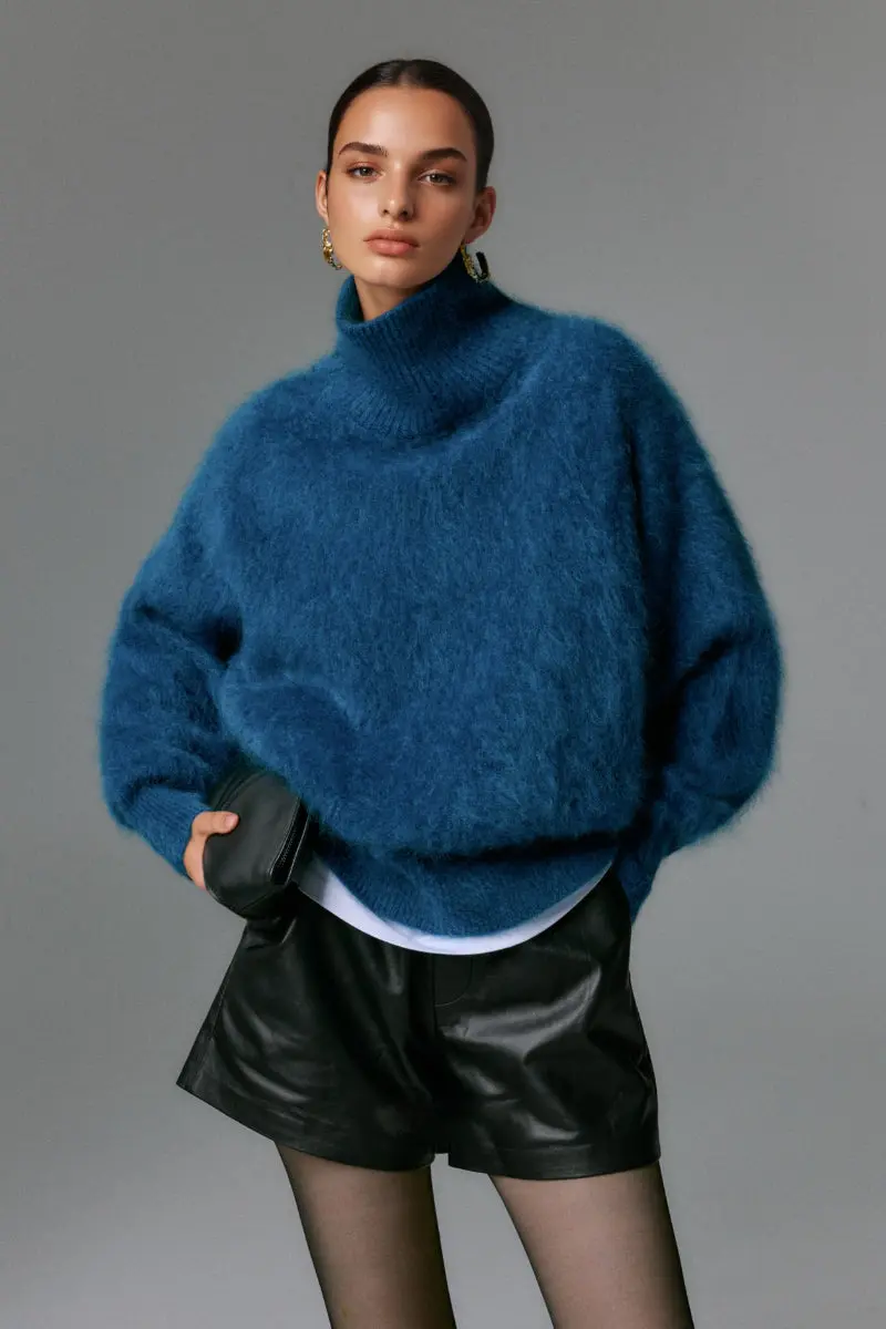 Chunky Brushed Cashmere Turtleneck Pullover Sweater - MIAOOOO