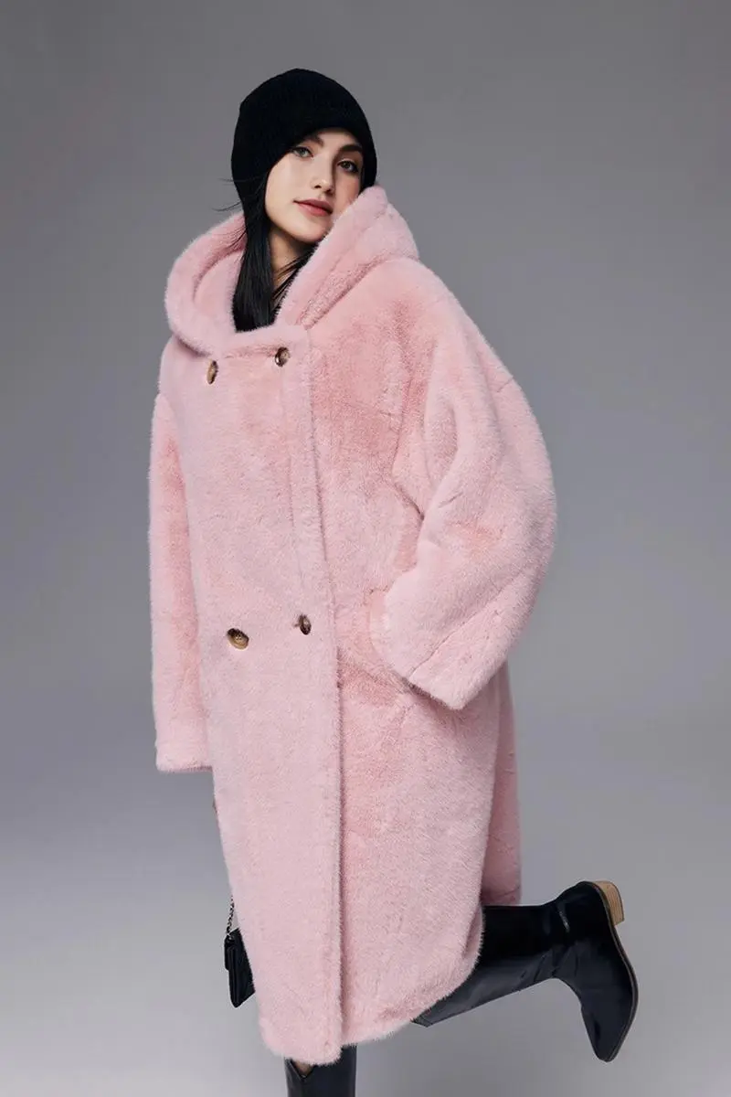 Long Hooded Faux Mink Fur Coat - MIAOOOO
