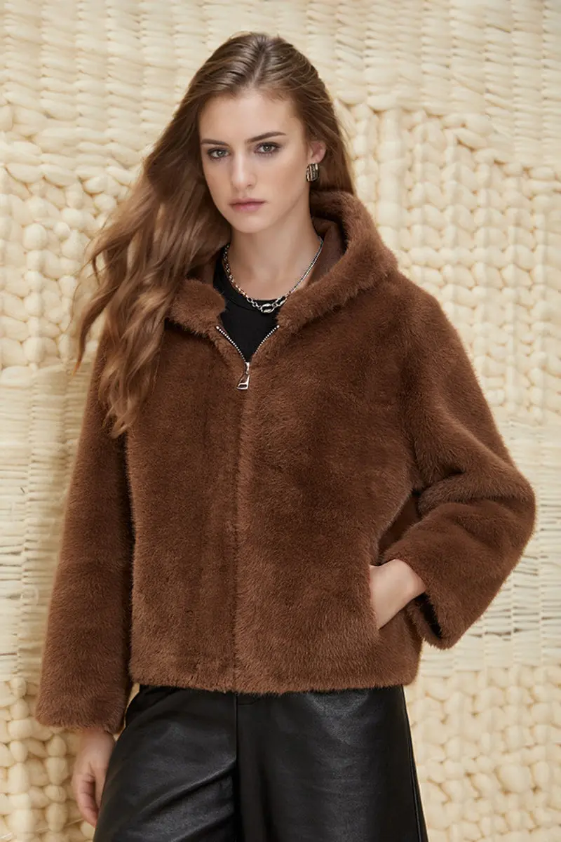 Brown Hooded Faux Fur Zip-Up Jacket - MIAOOOO