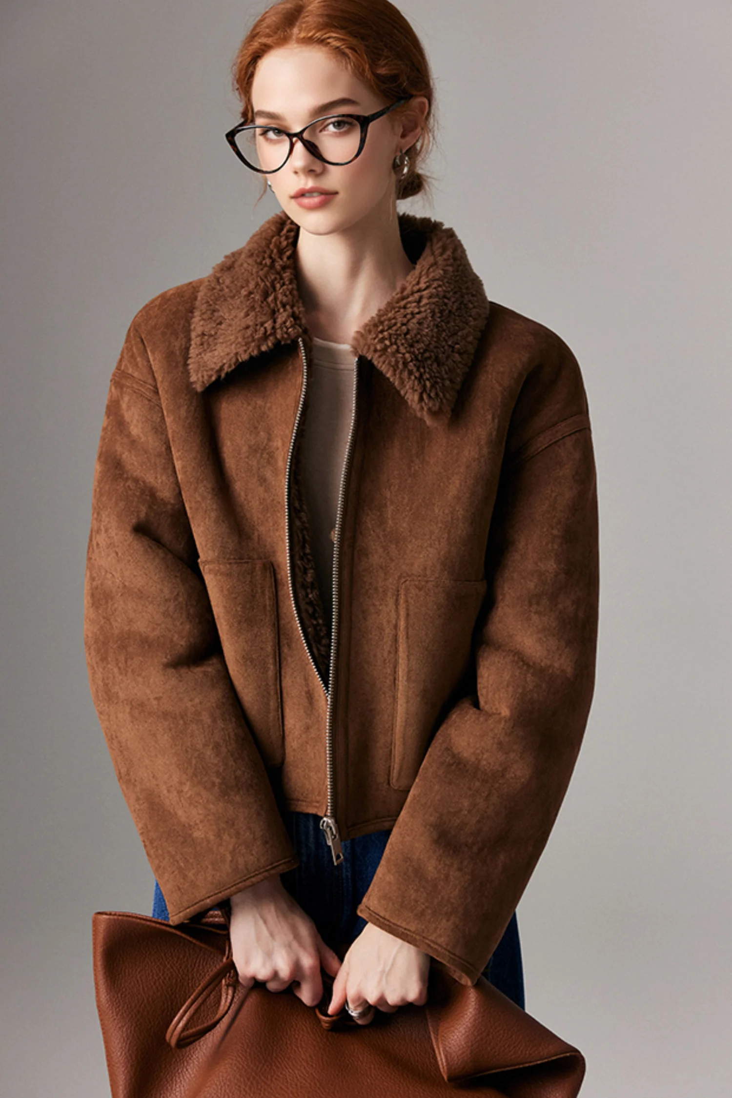 Faux Suede Shearling Crop Zip-Up Jacket - MIAOOOO