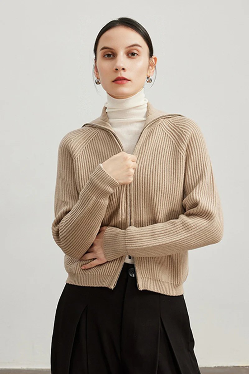 100% Merino Wool Double-Zip Coatigan with Wide Collar - MIAOOOO