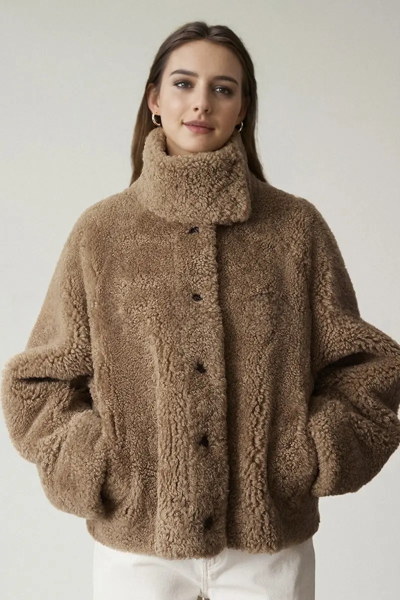 Classic French Merino Sheepskin Shearling Jacket with Stand Collar - MIAOOOO
