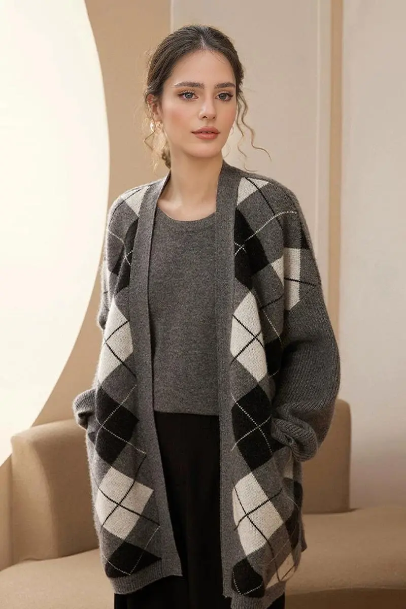 100 Cashmere Chunky Argyle Open-Front Coatigan - MIAOOOO