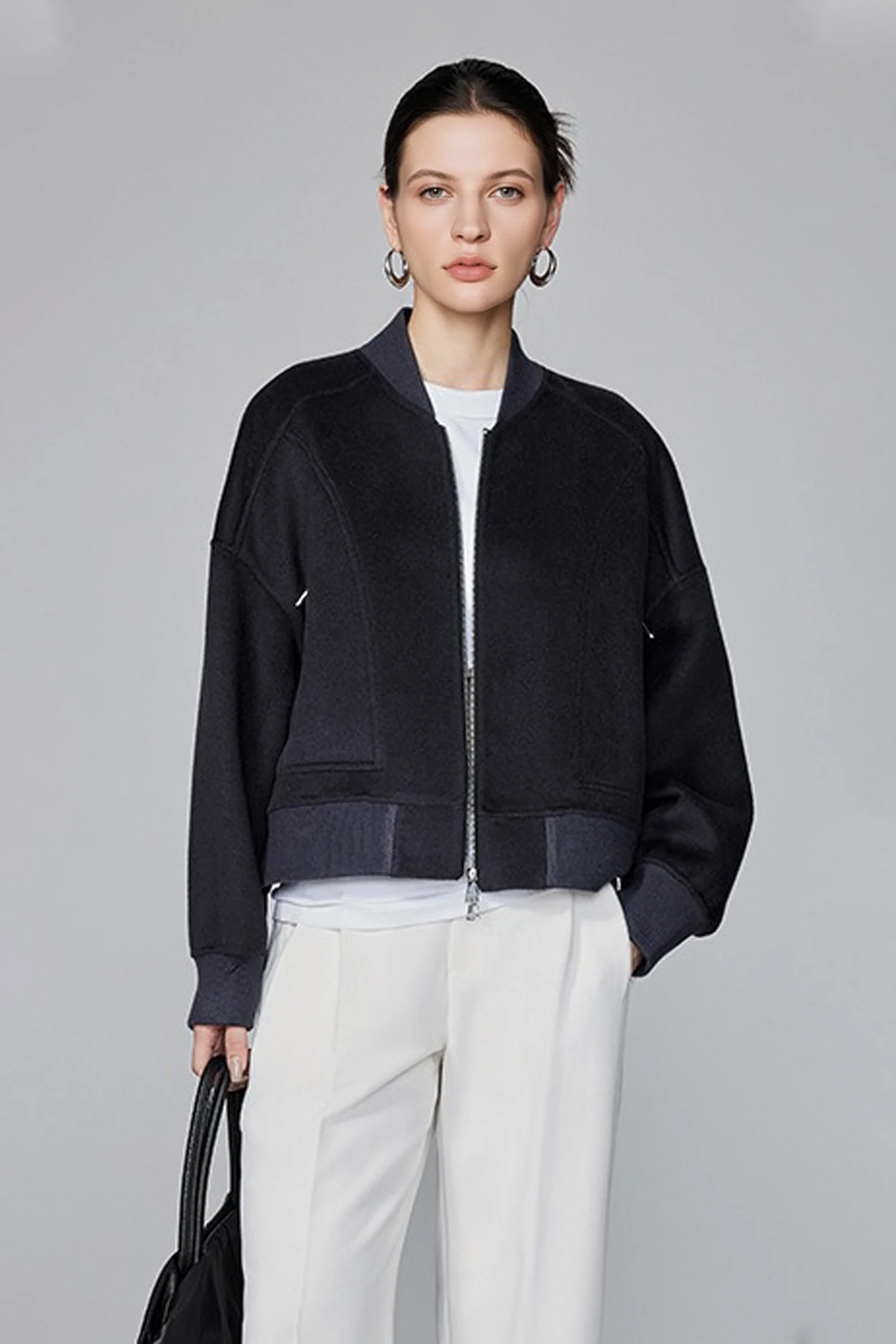 Super-Soft Wool-Cashmere Zipper Bomber Jacket - MIAOOOO